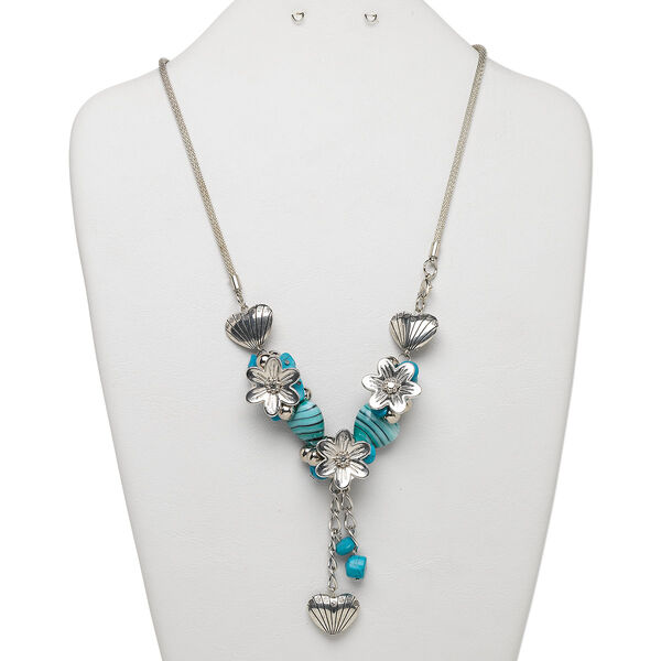 Necklace, magnesite (dyed / stabilized) / lampworked glass / silver-coated plastic / silver-finished steel / brass, turquoise blue, 2-1/2 inch dangle, 22 inches with lobster claw clasp. Sold individually. image number 0