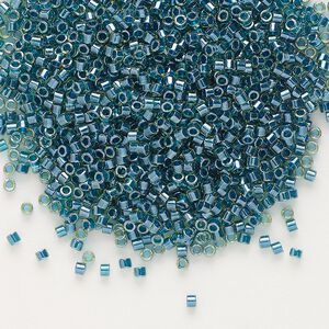 Seed bead, Delica®, glass, pkg/50g, #11 round, translucent dark teal-lined luster chartreuse (DB-0919).