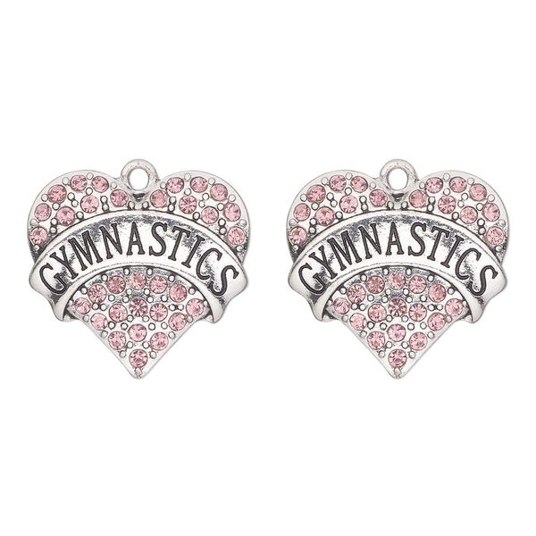 Charm, antique silver-finished "pewter" (zinc-based alloy) and glass, pink, 25x23mm single-sided heart with "gymnastics". Sold per pkg of 2. image number 0