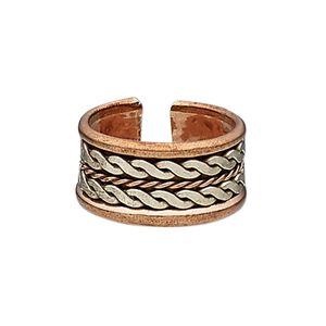 Ring, antiqued brass and aluminum, 12mm wide with twisted wire and wave design, size 9. Sold individually.