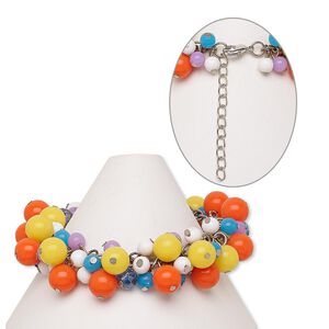 Bracelet, acrylic / glass / silver-finished steel / brass, orange / yellow / blue, 23mm wide with round beads, 7 inches with 2-inch extender chain and lobster claw clasp. Sold individually.