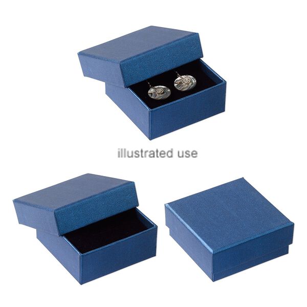 Box, necklace / earring / ring, paper and flocked velveteen, blue and black, 3-1/4 x 3-1/4 x 1-3/8 inch textured square with padded foam insert. Sold per pkg of 6. image number 0
