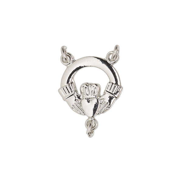 Connector, Britannia pewter (tin-based alloy), 16x15mm single-sided diamond-cut Claddagh rosary. Sold individually. image number 0