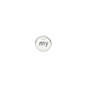 Drop, sterling silver and enamel, black, 8mm single-sided round with "my." Sold individually.