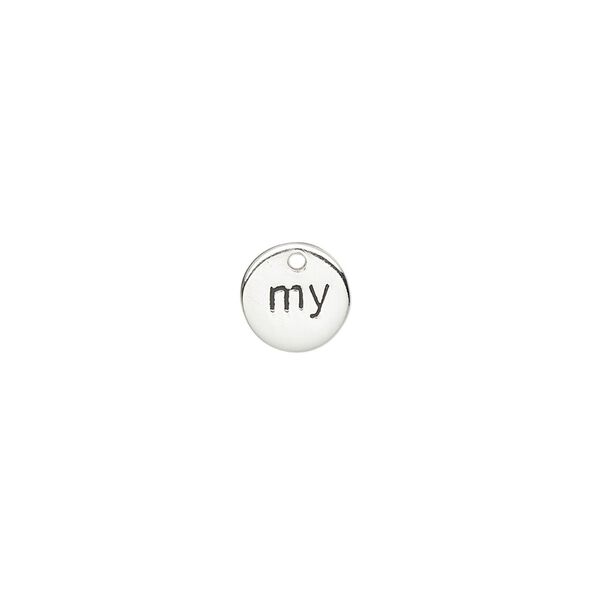 Drop, sterling silver and enamel, black, 8mm single-sided round with "my." Sold individually. image number 0