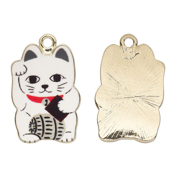 Charm, resin and gold-finished "pewter" (zinc-based alloy), multicolored, 21x15mm single-sided Maneki Neko cat with barrel. Sold individually. image number 0