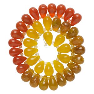 Bead, glass, transparent orange, light yellow and yellow, 16x10mm top-drilled teardrop with irregular rondelles. Sold per 14-inch strand.