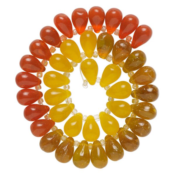 Bead, glass, transparent orange, light yellow and yellow, 16x10mm top-drilled teardrop with irregular rondelles. Sold per 14-inch strand. image number 0
