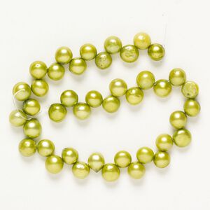 Pearl cultured freshwater 1pk 7mm top-drilled flat-sided button, yellow-green C- grade dyed 8 inch