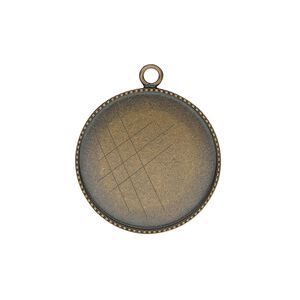 Drop, antiqued brass, 21mm round with beaded edge and 20mm round bezel cup setting. Sold per pkg of 2.