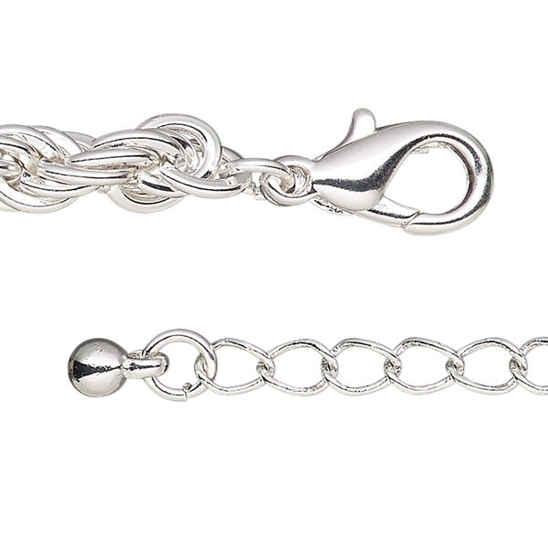 Chain, anodized steel and brass, silver, 6mm French rope, 7 inches with 1-1/4 inch extender chain and lobster claw clasp. Sold individually. image number 0