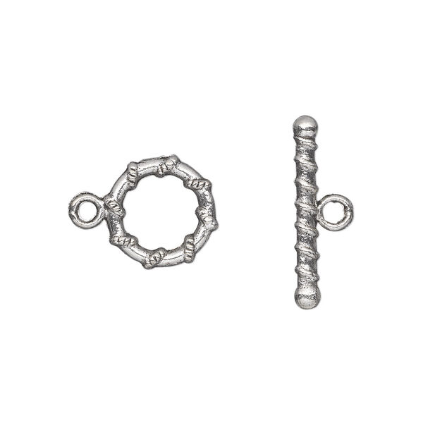 Clasp, toggle, antique silver-plated "pewter" (zinc-based alloy), 11mm double-sided round with rope design. Sold per pkg of 20. image number 0