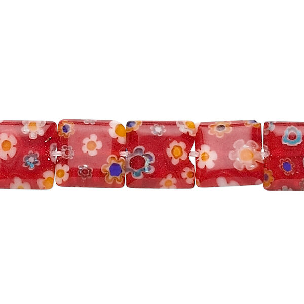 Bead, millefiori glass, red, 10x10mm flat square. Sold per 15-inch strand. image number 0