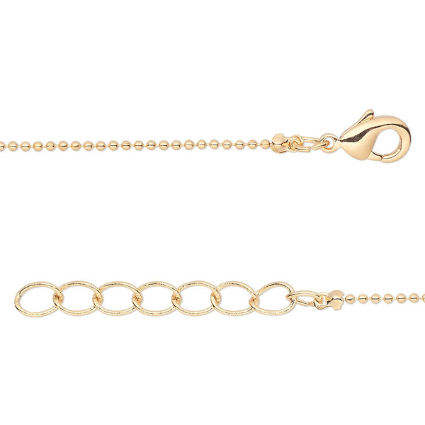 Chain, gold-finished brass, 1mm ball, 16 inches with 1-inch extender chain and lobster claw clasp. Sold per pkg of 4. image number 0