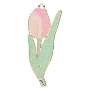 Focal, gold-finished "pewter" (zinc-based alloy) and enamel, multi-pink and green, 52x22mm tulip. Sold individually.