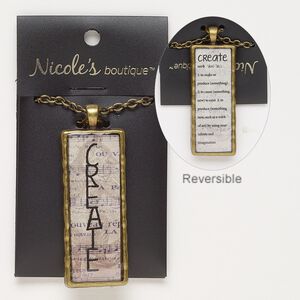Necklace, glass / antique brass-finished "pewter" (zinc-based alloy) / steel, brown / tan / black, 56x23mm two-sided rectangle with musical note sheet design / "CREATE" / definition of create, 24 inches with lobster claw clasp. Sold individually.