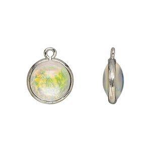 Drop, Opalized Ice™, "opal" (resin) and imitation rhodium-finished brass, opaque white, 14mm double-sided round. Sold per pkg of 4.