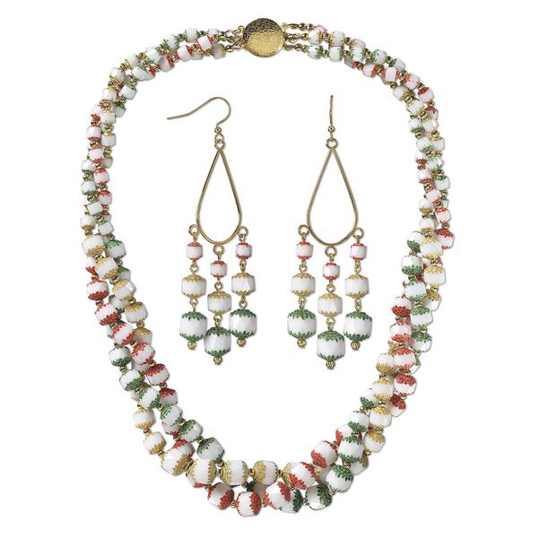 Necklace and earring set, One of a Kind Jewelry, gold-plated brass and glass, white and multicolored, 21-inch necklace. Only one available. image number 0