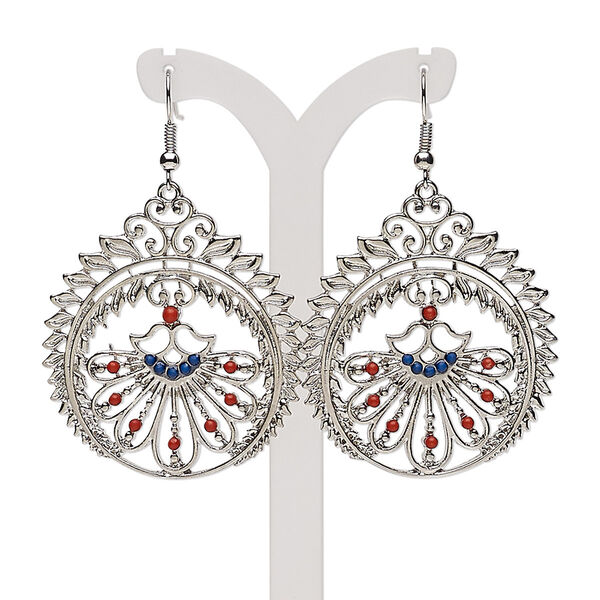 Earring, acrylic with silver-plated steel and "pewter" (zinc based alloy), blue and red, 2-1/4 inches with teardrop and cutout flower design with fishhook ear wire. Sold per pair. image number 0