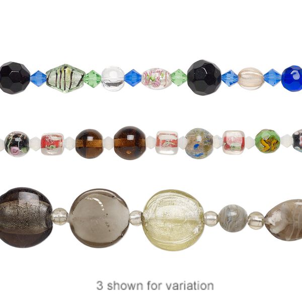 Bead mix, lampworked glass and glass, opaque to transparent multicolored, 6mm-28x28mm mixed shape. Sold per 7-inch strand. image number 0