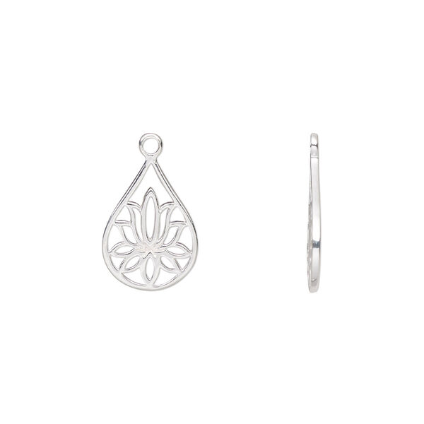 Drop, sterling silver, 14.5x10mm teardrop with lotus cutout design. Sold individually. image number 0