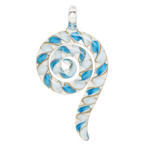 Focal, lampworked glass 1pkg1, translucent and transparent aqua / white / clear with copper-colored glitter, 3x1.5 inch swirl.
