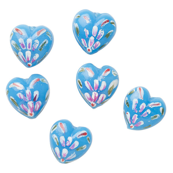Bead, lampworked glass 1pkg6, turquoise blue, 18x11mm hand-painted heart. image number 0