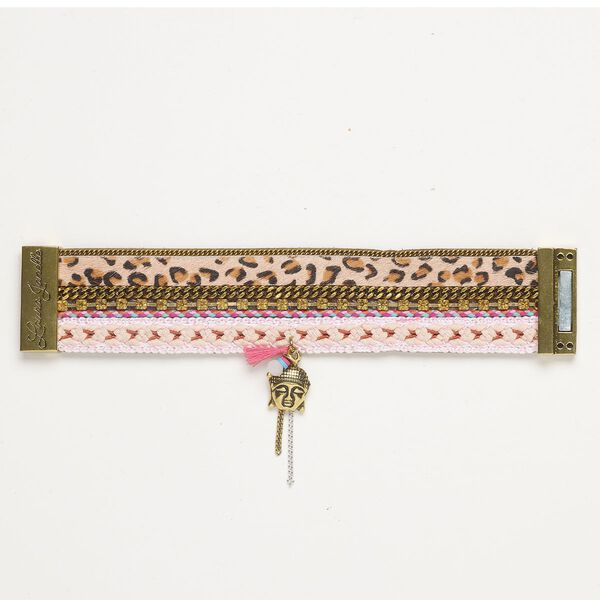 Bracelet 1pkg1 faux leather / glass / antique gold-finished brass and stainless steel, multicolored, 38mm width with Buddha head and "leopard print," 6 inches with magnetic clasp. image number 0