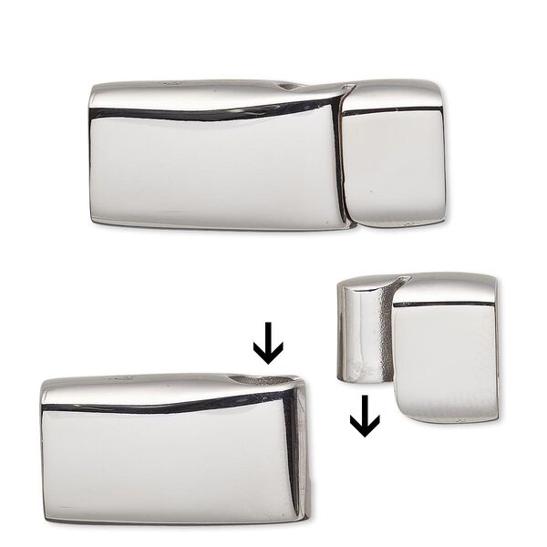 Clasp, magnetic slide lock, stainless steel, 33x14mm shiny rectangle with glue-in ends, 11.5x5.5mm inside diameter. Sold individually. image number 0