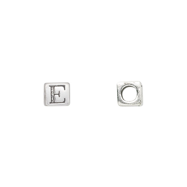 Bead, sterling silver, 5.5mm cube with alphabet letter "E." Sold individually. image number 0