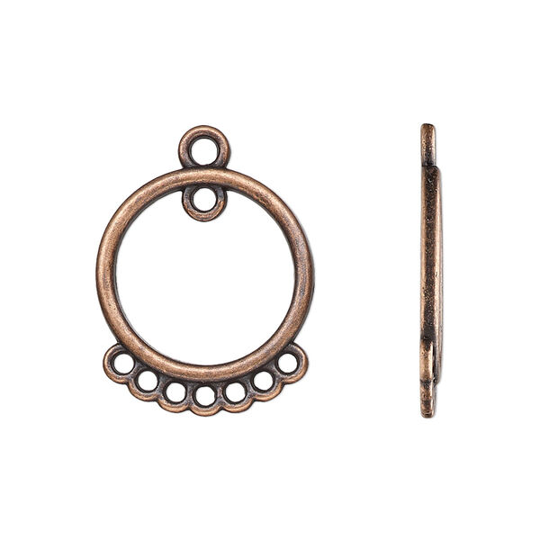 Drop, antique copper-finished "pewter" (zinc-based alloy), 18mm single-sided open round with 8 closed loops. Sold per pkg of 20. image number 0