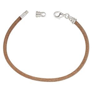 Bracelet cord, Dione®, leather (natural) and sterling silver, 3mm round with twist-off end, 7 inches with lobster claw clasp. Sold individually.