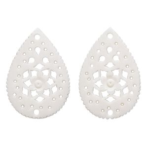 Link, camel bone (bleached), white, 30x21mm hand-cut single-sided flat teardrop with cutout flower design, Mohs hardness 2-1/2. Sold per pkg of 2.