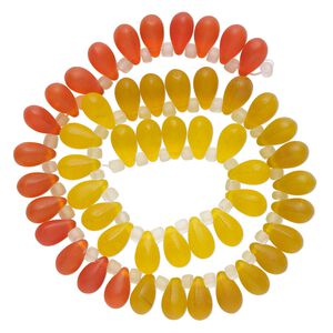 Bead, glass, translucent matte orange, light yellow and yellow, 11x7mm top-drilled teardrop with irregular rondelles. Sold per 14-inch strand.