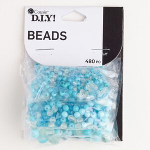 Bead mix, glass, pkg/480, opaque and translucent blue/light blue/clear, 3-8mm round.