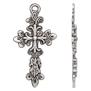 Focal, antique silver-plated "pewter" (zinc-based alloy), 43x25mm single-sided cross. Sold per pkg of 10.