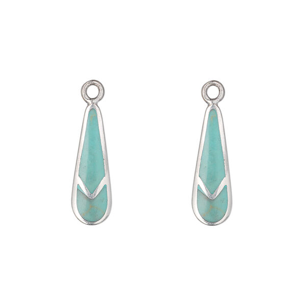 Drop, sterling silver and "turquoise" (imitation) resin, 17x6mm inlaid teardrop. Sold per pkg of 2. image number 0