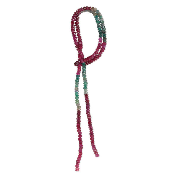 Bead, ruby and emerald (dyed/heated/oiled), 3x1mm-4x2mm hand-cut faceted rondelle, C+ grade, Mohs hardness 9. Sold per 13-inch strand, approximately 190 beads. image number 0