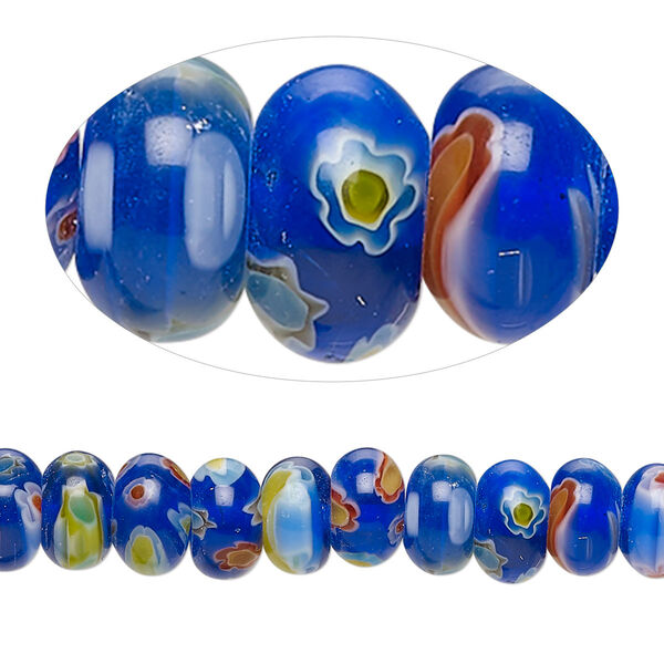 Bead, millefiori glass, translucent cobalt blue and multicolored, 8x5mm rondelle. Sold per 15-inch strand, approximately 80 beads. image number 0