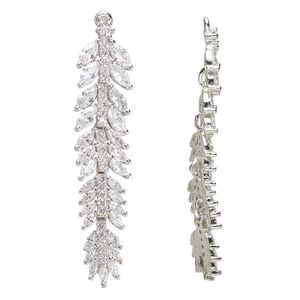 Focal, cubic zirconia and silver-plated brass, clear, 46x10.5mm single-sided feather. Sold individually.