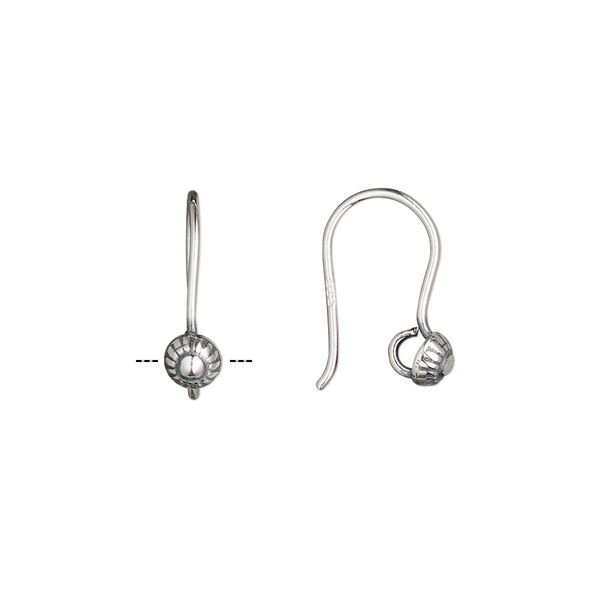 Ear wire fishhook 1pkg4 sterling silver, 15mm / 4mm flower / open loop, 20 gauge antiqued 2 pair image number 0