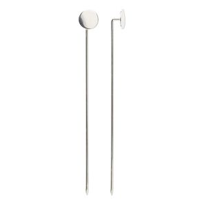 Stick pin, silver-finished brass, 2-3/4 inches with 8mm round flat pad, 18 gauge. Sold per pkg of 100.