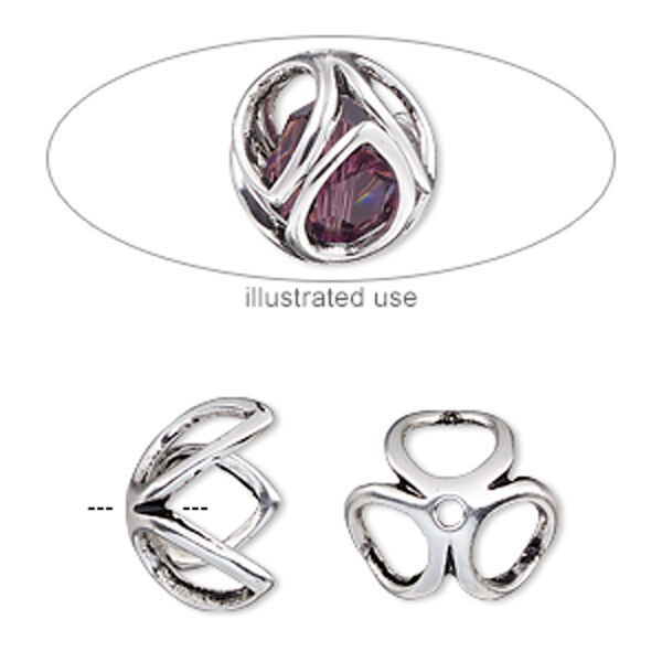 Bead cage, antique silver-plated "pewter" (zinc-based alloy), 14mm round with oval cutout design, fits up to 10mm bead. Sold per 2-piece set. image number 0