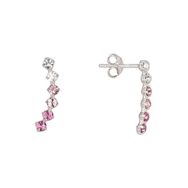 Earstud, Create Compliments®, sterling silver and glass rhinestone, clear / pink / dark pink, 17x5mm left- and right-facing curve. Sold per pair. image number 0