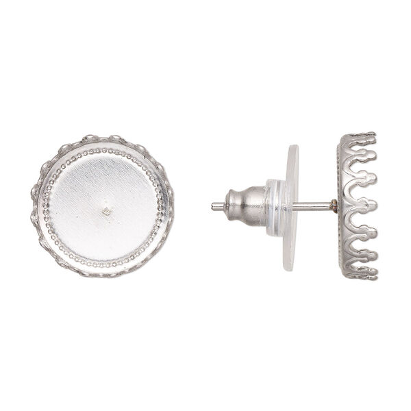 Earstud, stainless steel / acrylic / rubber, clear, 13mm round with 12mm round cabochon bezel setting. Sold per pkg of 5 pairs. image number 0