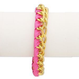 Bracelet, nylon and gold-finished steel, neon pink, 12mm wide with woven design, 7-1/2 inches with 2-inch extender chain and lobster claw clasp. Sold individually.