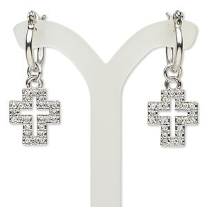Earring, glass / stainless steel / imitation rhodium-finished "pewter" (zinc-based alloy), clear, 38mm with open cross and latch-back closure. Sold per pair.