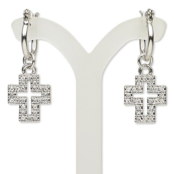Earring, glass / stainless steel / imitation rhodium-finished "pewter" (zinc-based alloy), clear, 38mm with open cross and latch-back closure. Sold per pair. image number 0