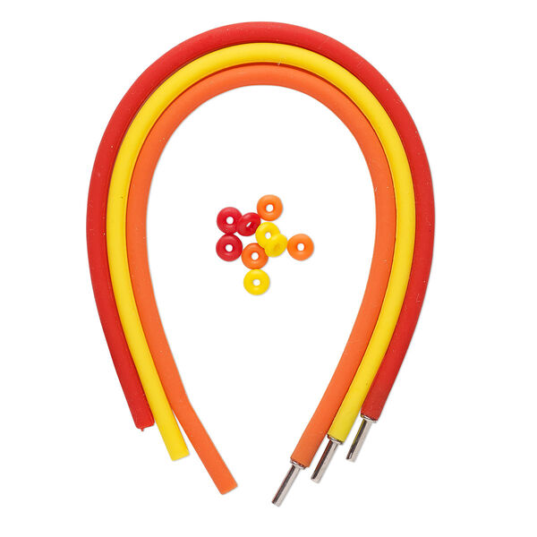 Bracelet cord, silicone and stainless steel, red / orange / yellow, 4mm round, 7-1/2 inches with pop-style clasp. Sold per pkg of 3. image number 0