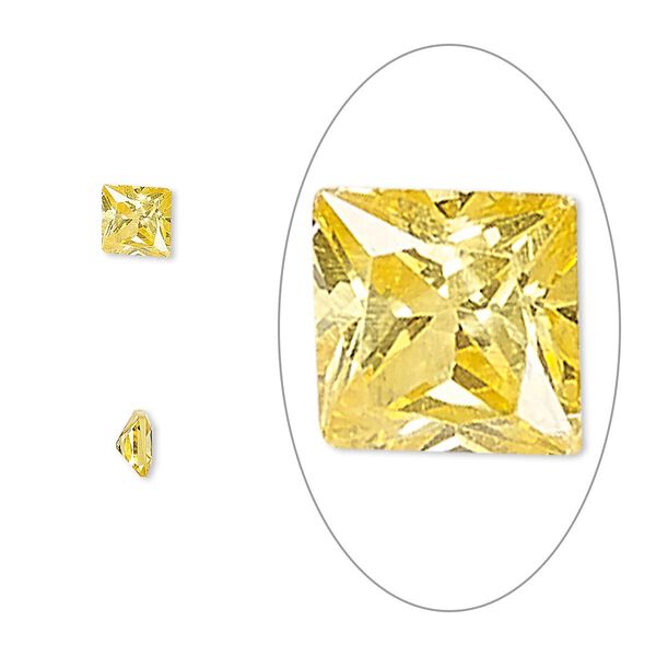 Gem, cubic zirconia, topaz gold, 4mm faceted square, Mohs hardness 8-1/2. Sold per pkg of 2. image number 0
